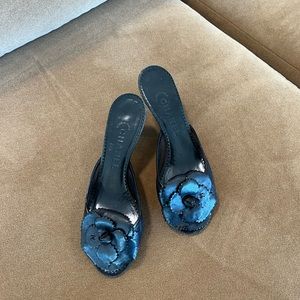 Chanel Black Mesh and Leather Camellia Slide Sandals, IT 37